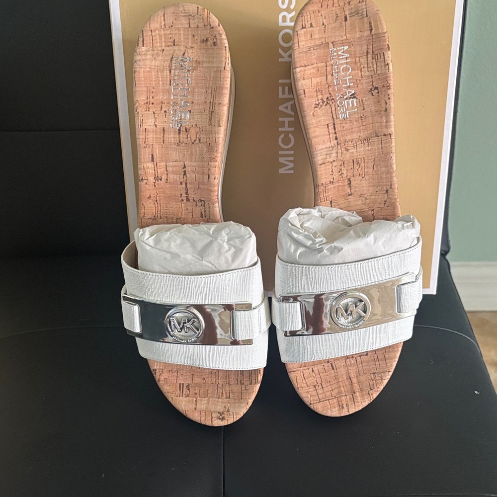 Michael Kors White and Silver Slide Sandals